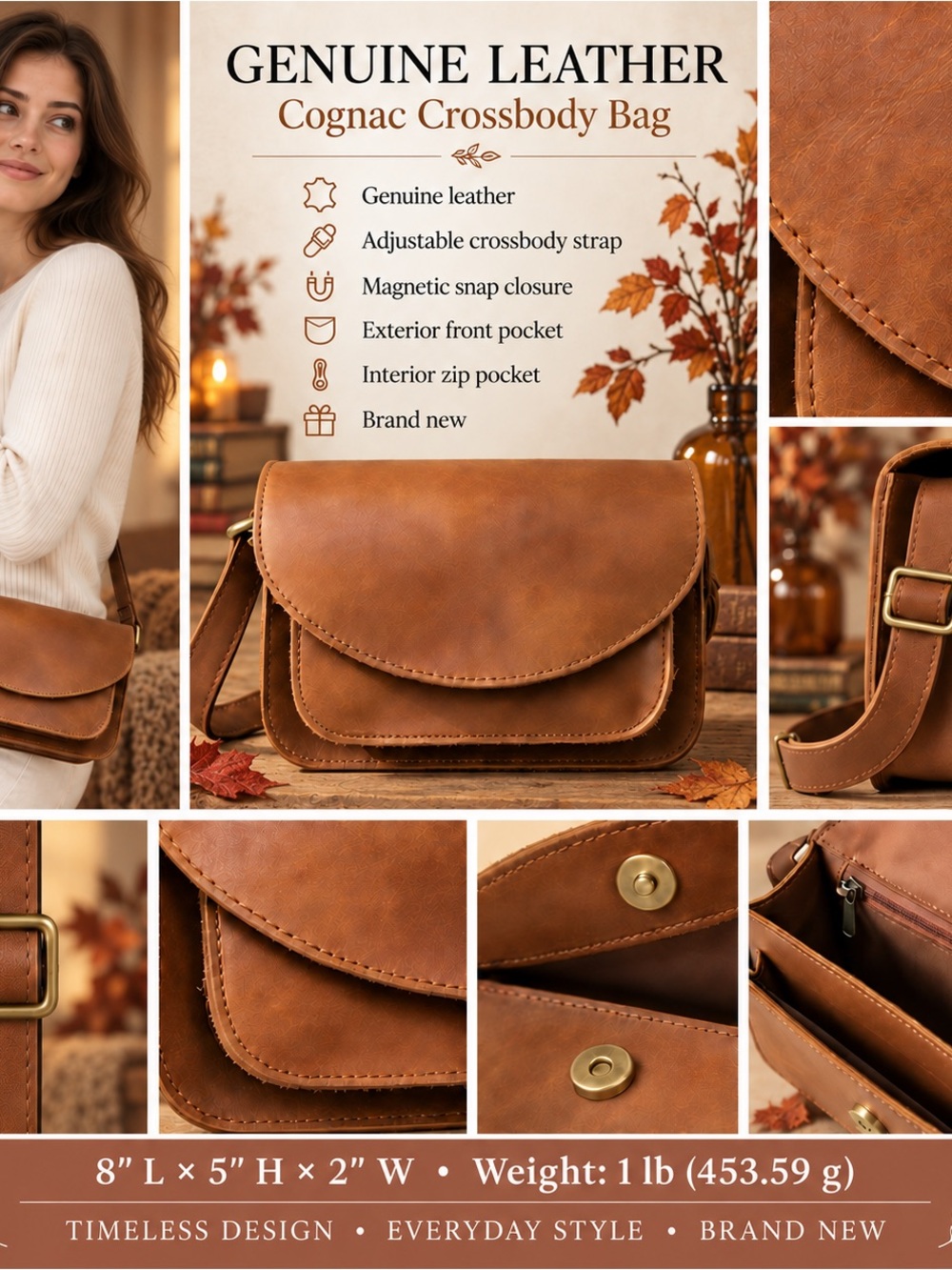 Cognac Genuine Leather Crossbody Bag - Cognac